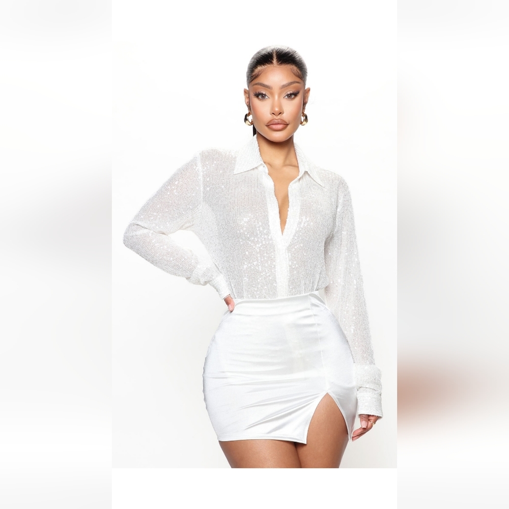 New with Tags Fashion Nova Sequin Button Down Shirt White Size L